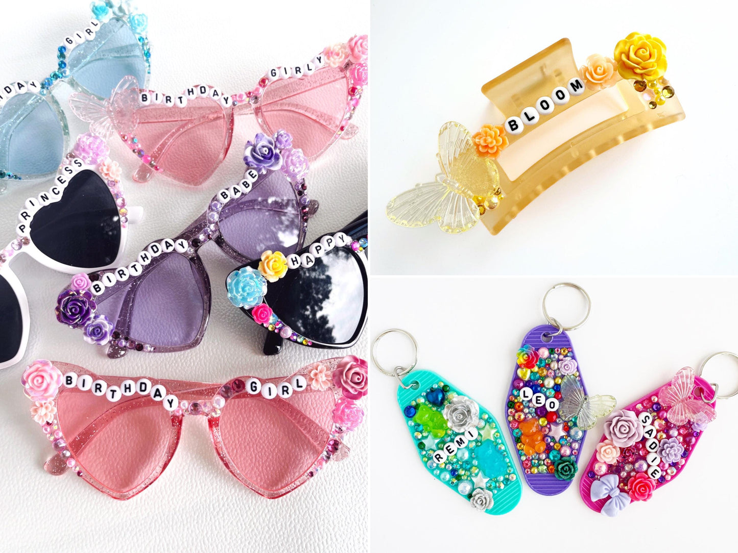 The image is a collage of four photos featuring various decorated items, including sunglasses, a hair clip, keychains, and sunglasses.