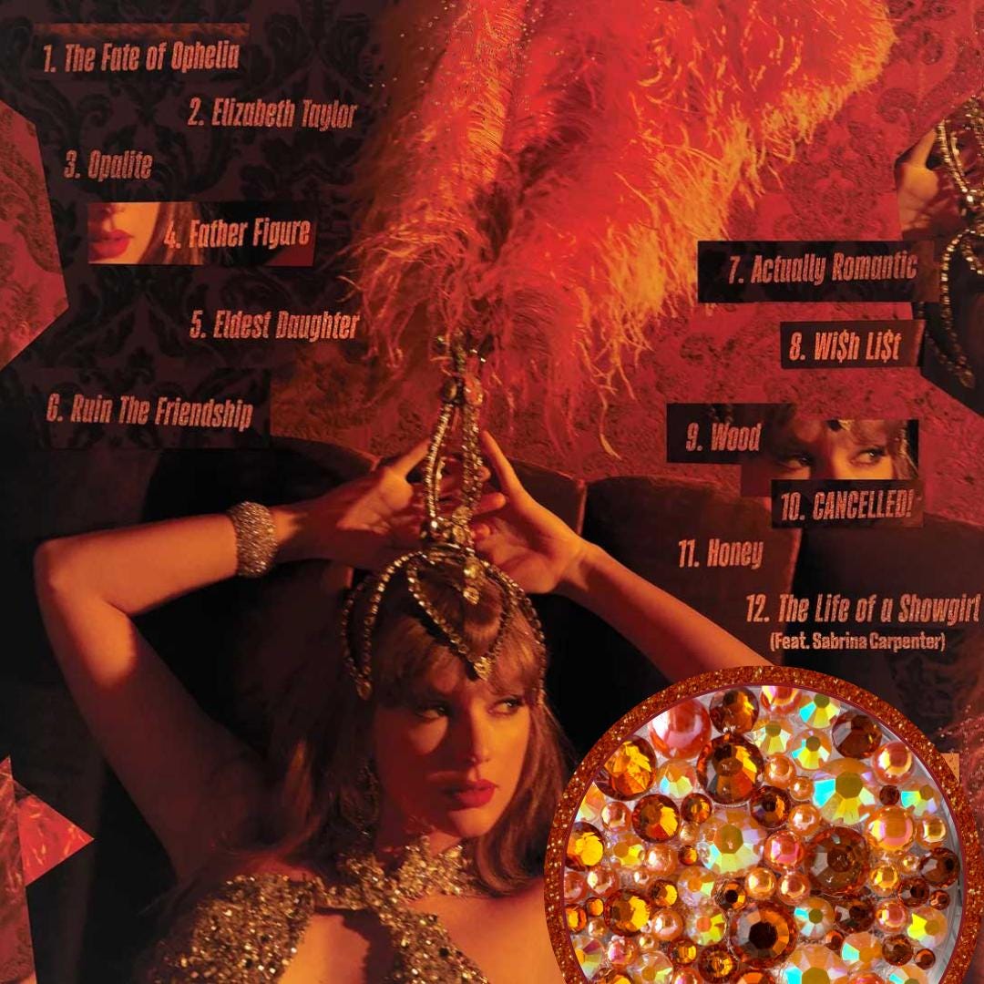 The image is a collage featuring a woman in a golden dress and headdress, surrounded by a background of red and orange feathers and a large, colorful gemstone.