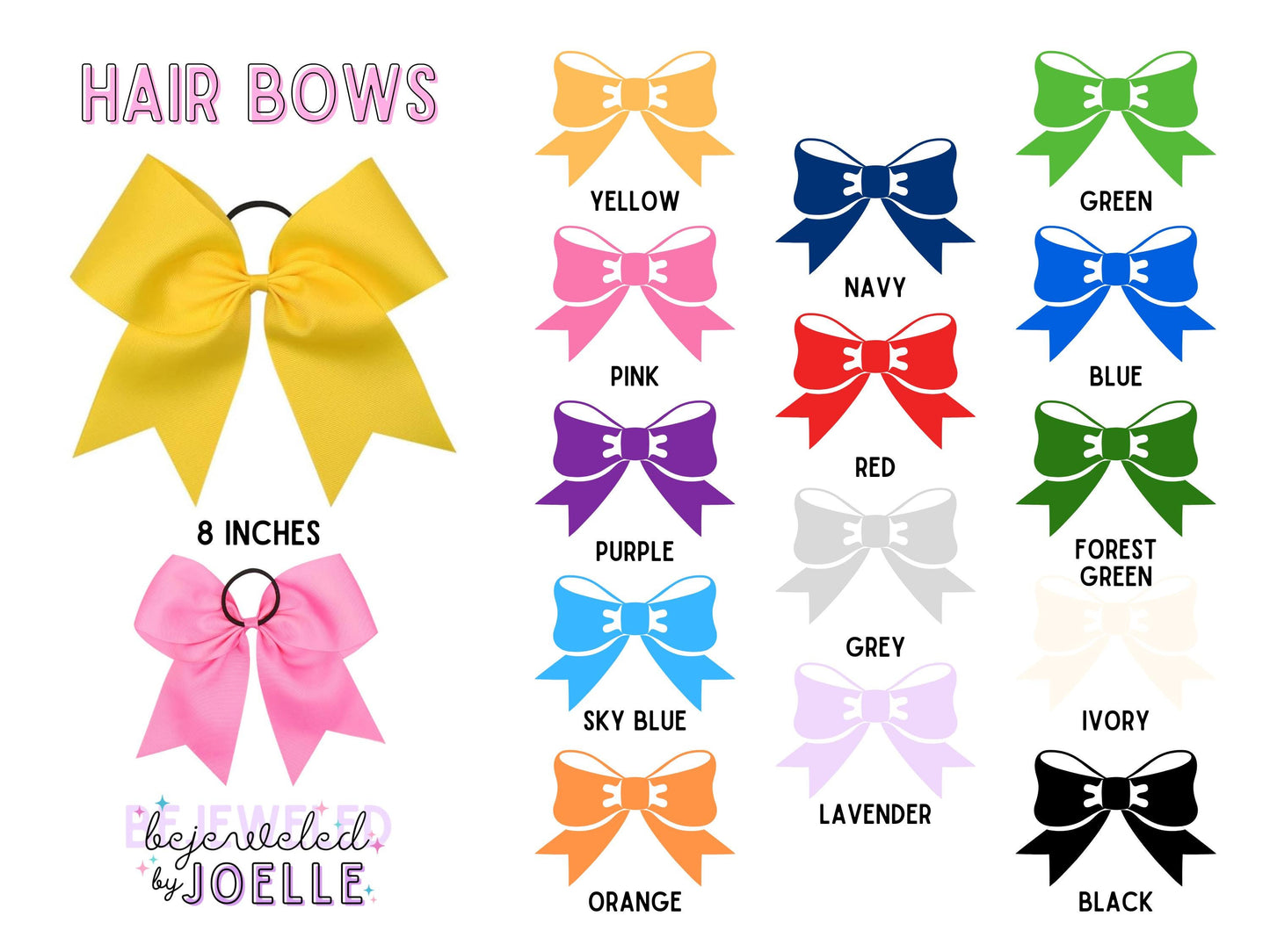 a collection of hair bows in various colors, including yellow, green, blue, pink, red, purple, forest green, grey, sky blue, lavender, orange, and black.