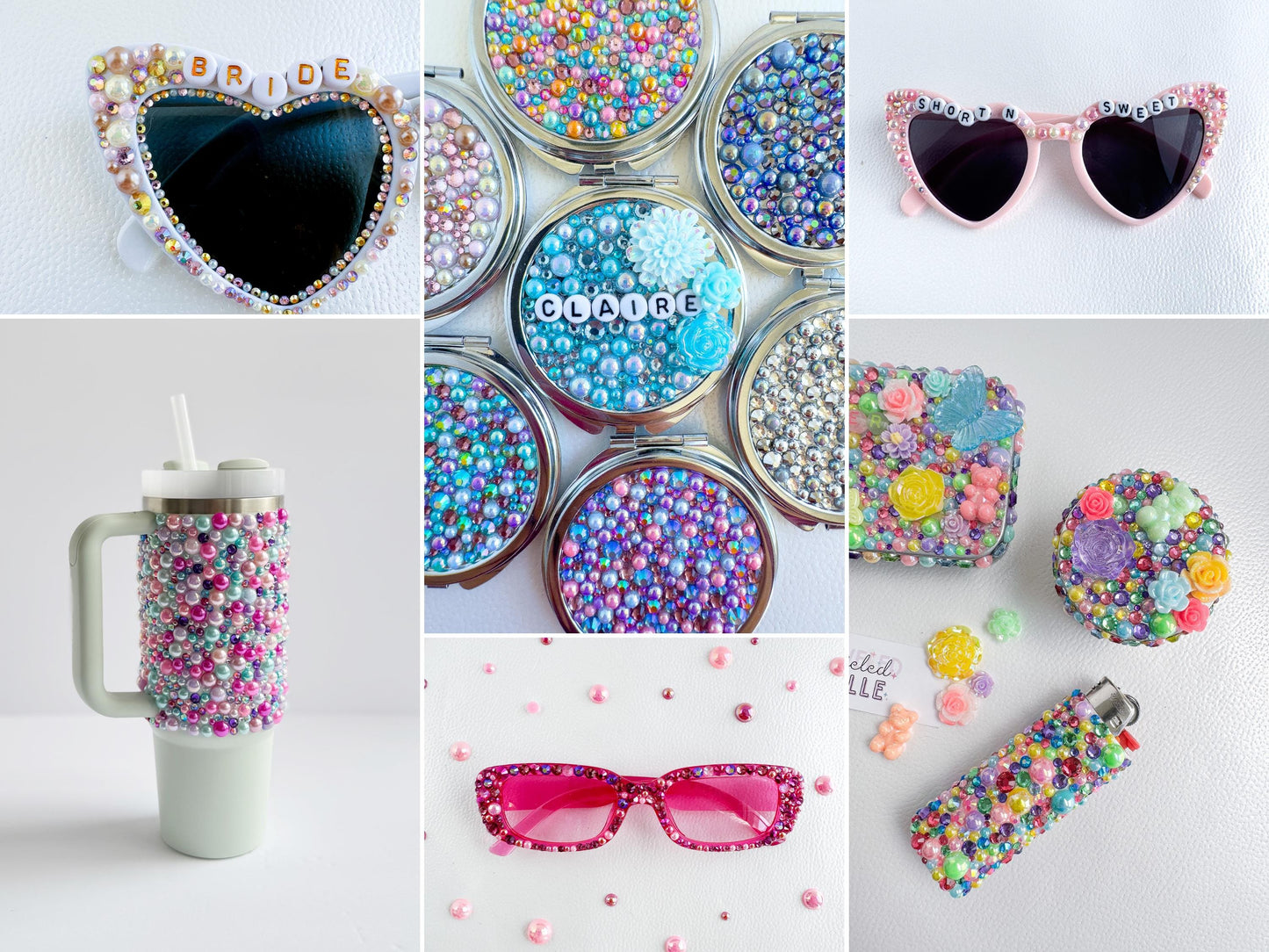 a collage of different items including sunglasses, sunglasses case, and cupcakes