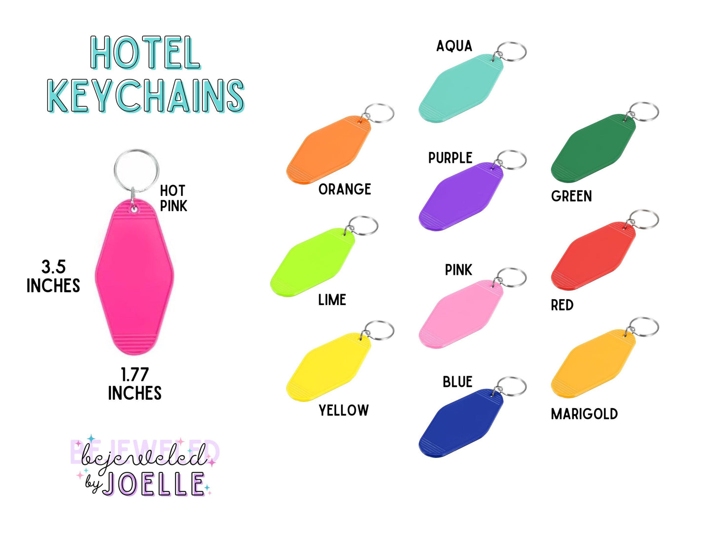 The image is a collection of colorful hotel keychains, each with a unique color and size. The keychains are arranged in a grid, with each row representing a different color and each column representing a different size. The keychains are labeled with their respective colors and sizes, providing a visual representation of the available options for hotel guests.