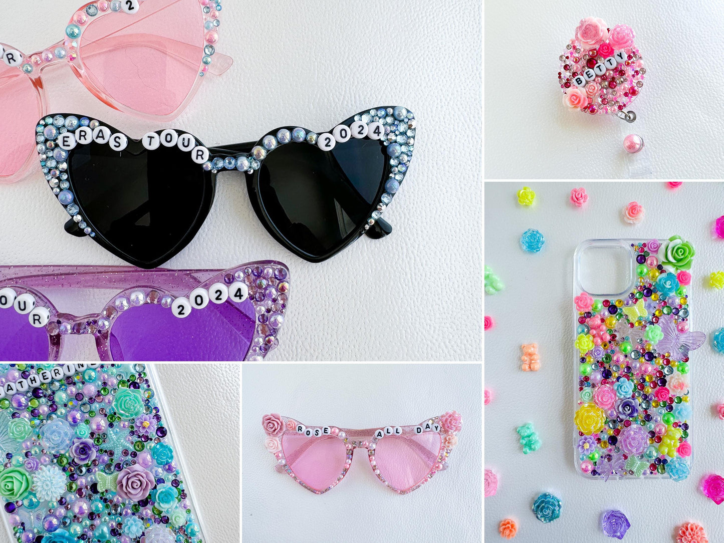 a collage of photos with sunglasses and beads