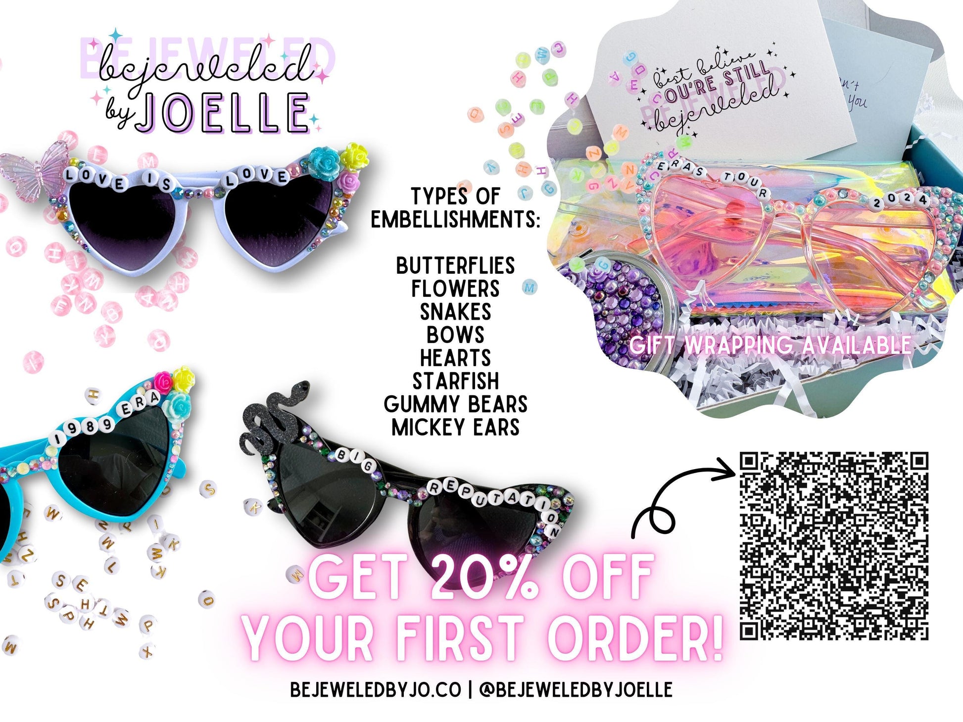 The image is an advertisement for a jewelry store called "Be Jeweled by Joelle", featuring a variety of colorful and decorated sunglasses and other accessories. The ad includes text promoting a special offer of 20% off on the first order of these items.