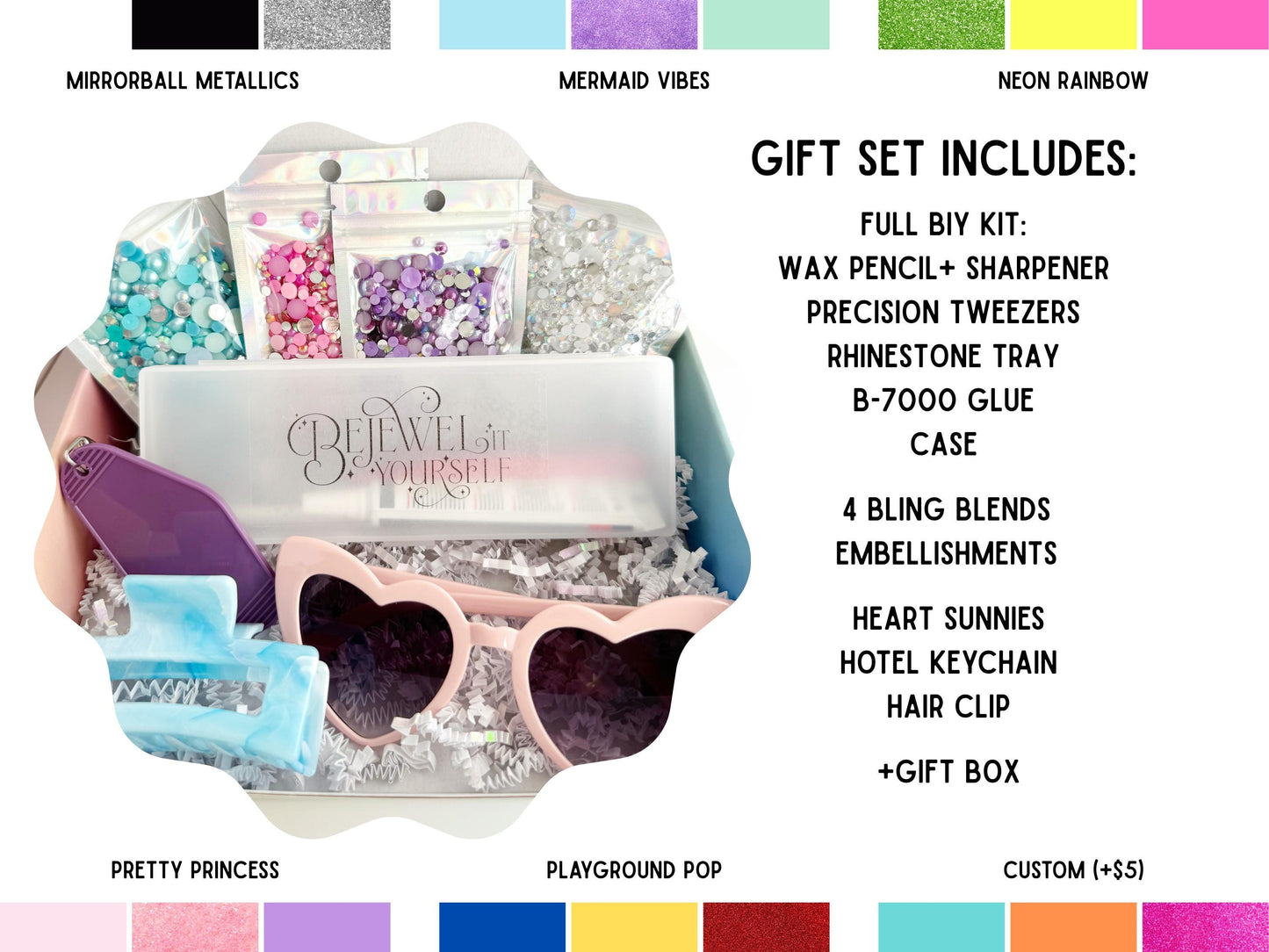 The image is a gift set advertisement featuring a variety of beauty and personal care products, including a full makeup kit, glittery metallic items, and a glittery mermaid vibes set.