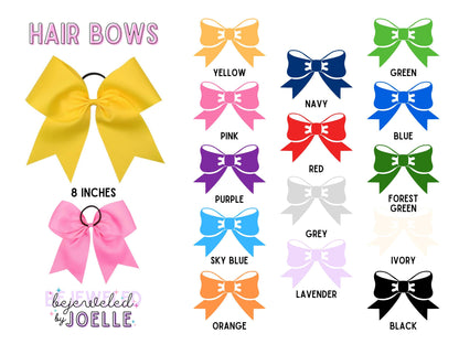 a collection of hair bows in various colors, including yellow, green, blue, pink, red, purple, forest green, grey, sky blue, lavender, orange, and black.