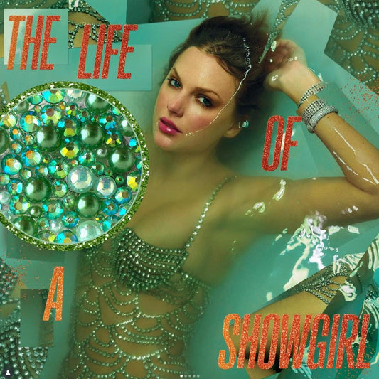 The image is a collage featuring a woman in a sparkling dress, surrounded by various sparkling elements such as beads, sequins, and glitter.